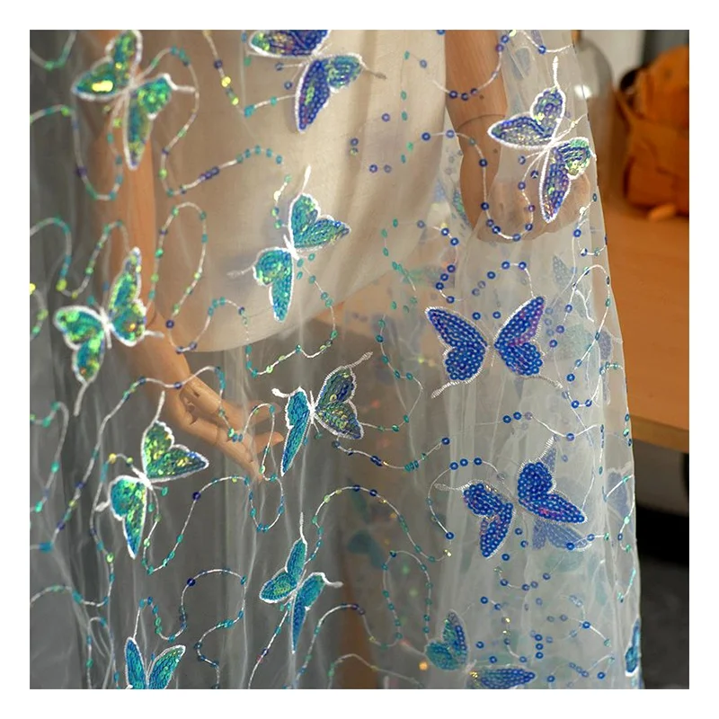 SCX005 Multicolor Gradient Sequins Embroidered Tulle Mesh Lace Fabric Women's Spring Dress Fabric - 图片 4