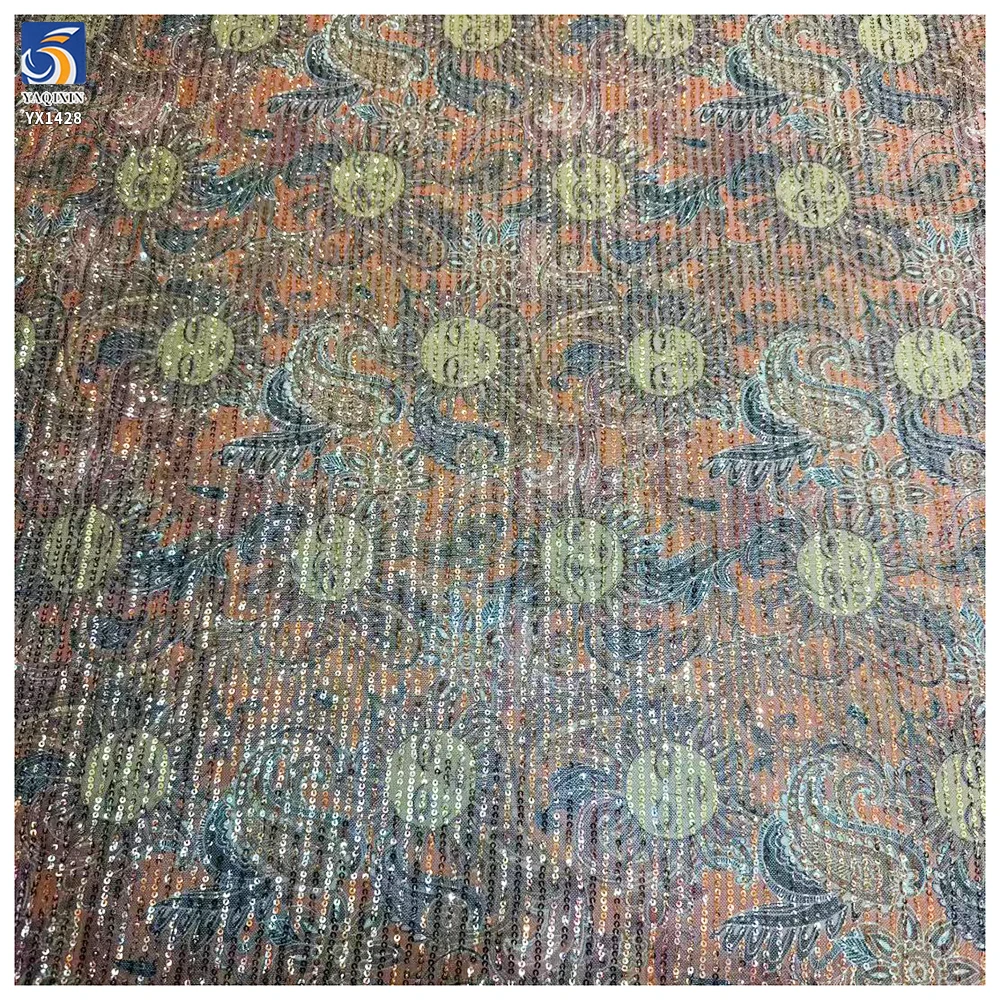 YX1428 RTS 180gsm New 2026 Sun Face Sunflower Printed Sequin 4 Way Stretch Net Mesh Fabric 140cm for Evening Gown - 图片 5