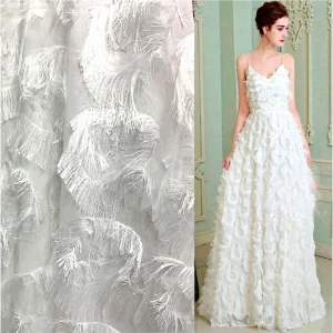 YX1196 High Quality White and Red Feather Designer Jacquard Fabric 130gsm Woven Jacquard Chiffon Fabric for Tassel Dresses