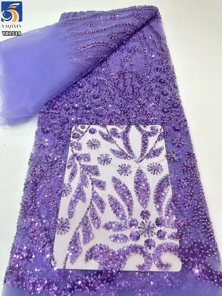 YX1518 140cm 300gsm China Factory Supplier Gold Pattern Sequin Beaded Mesh Lace Fabric for Bridal Gown - 图片 2