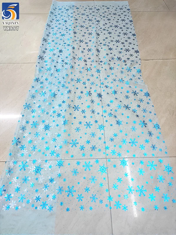 YX887 100% Polyester Silvery White Snowflake Printed Fabric Frozen Mesh Elsa Princess Dress Children's Dress Blue Tulle Fabric - 图片 3