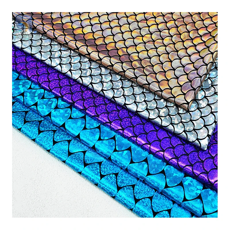 Foil Printed Glitter Fish Scale Pattern Stage Dress Shiny Stretch Fabric Novel Design Mermaid for Child Custom Spandex Fabric - 图片 6