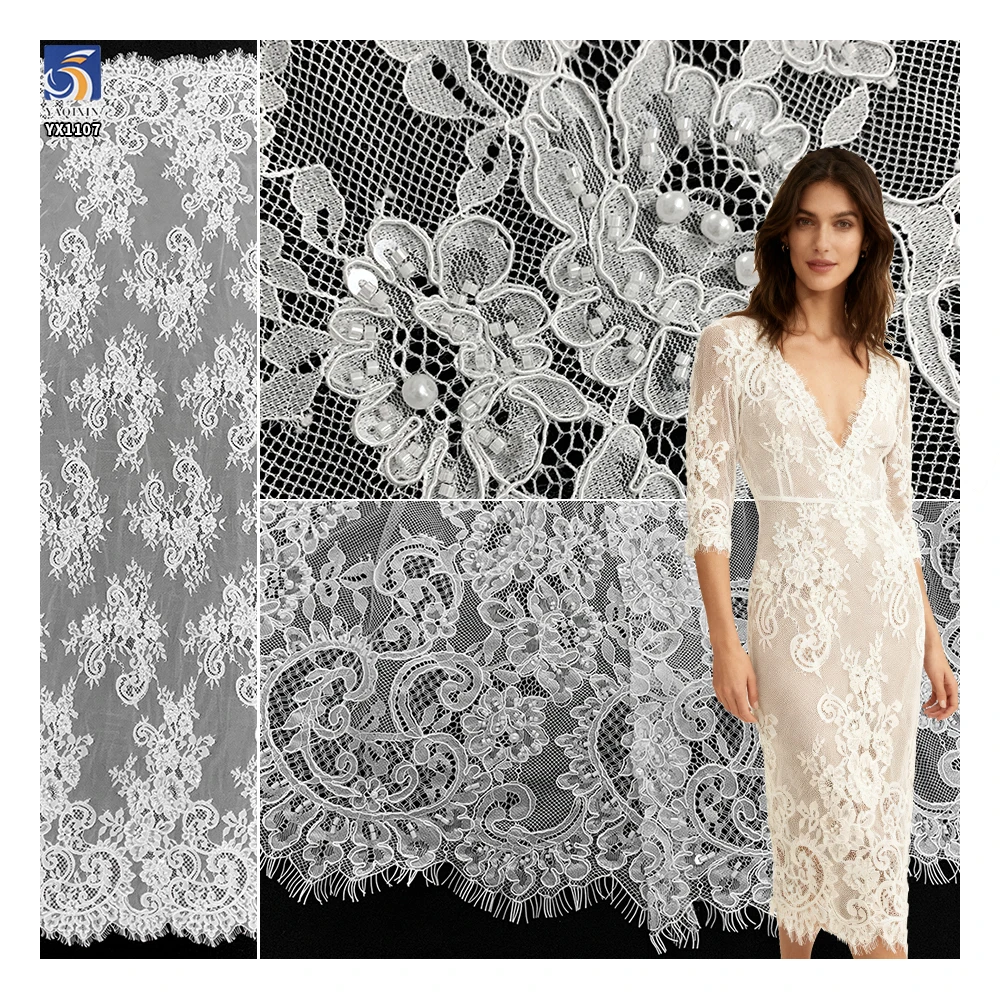 YX1107 Manufacturer Nigerian Eyelash Garment Lace Fabric Embroidered Florals Pearls Tulle Eyelash Lace Fabric for Clothing