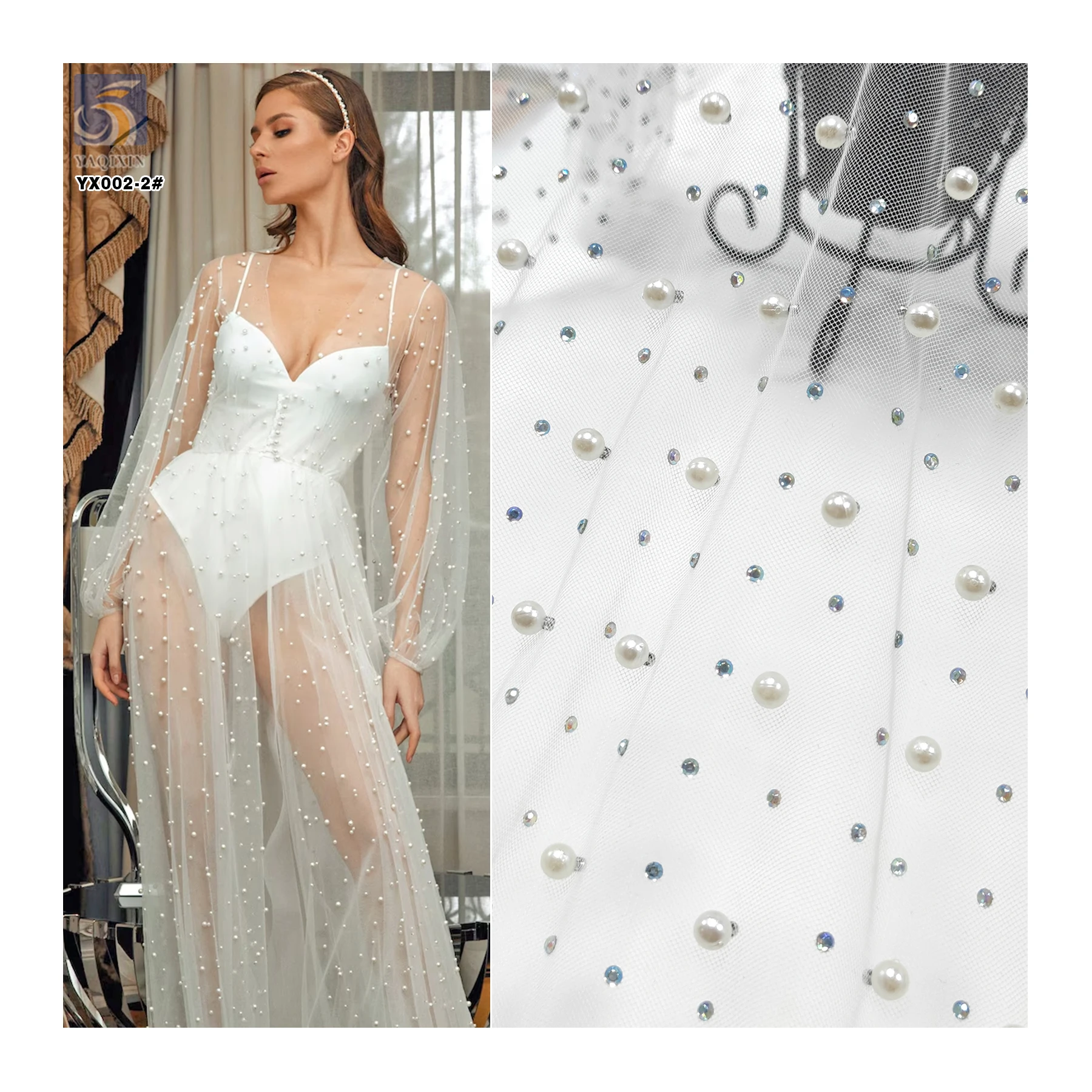 YX002-2 French Lace Fabric Tulle Heavy Beaded Lace Fabric Luxury 3D Embroidered Lace Fabrics for Wedding Dress