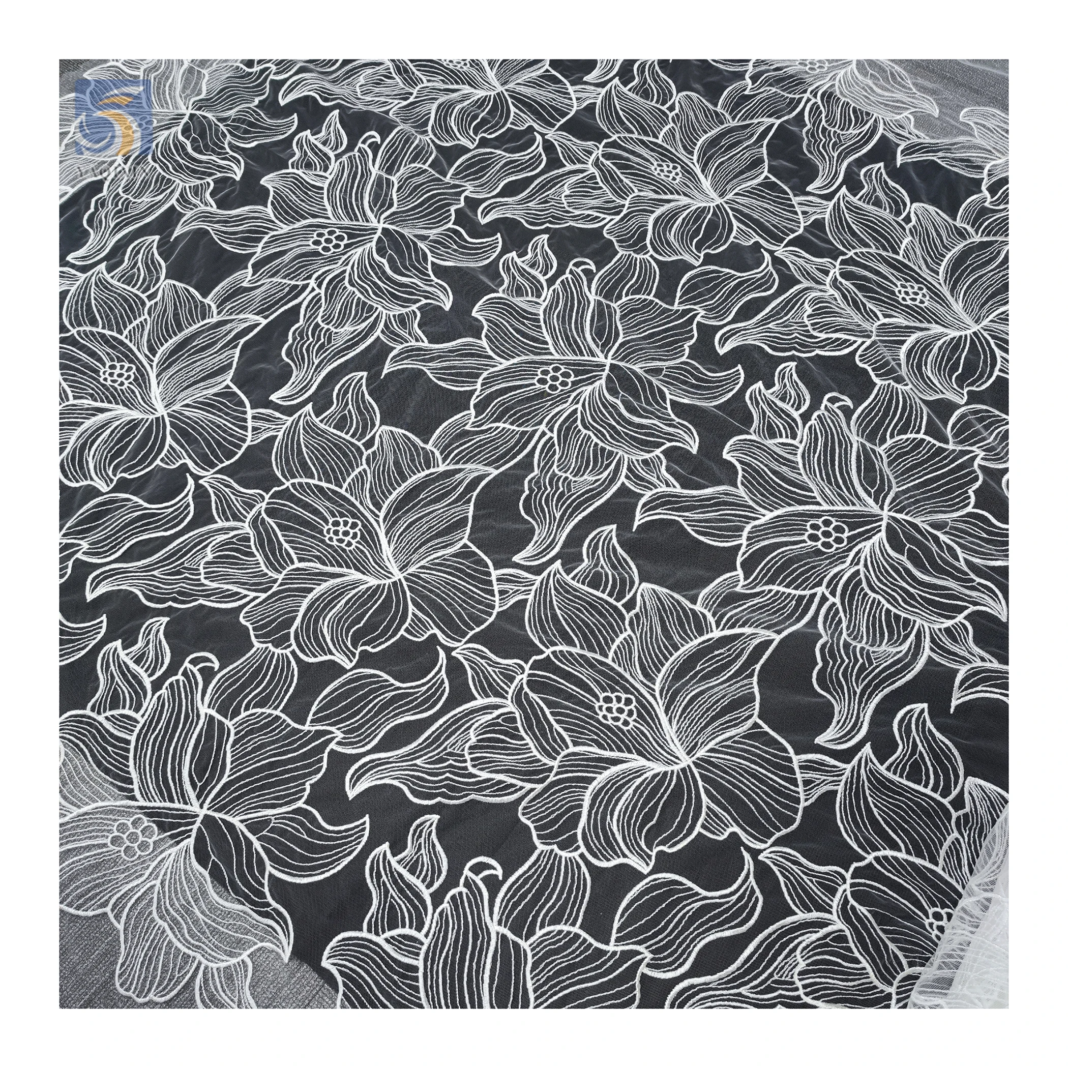 YX2736 Full Custom Lotus Pattern Design 2025 Pure White 100 Polyester Milk Silk Embroidery Mesh Tulle Fabric - 图片 5