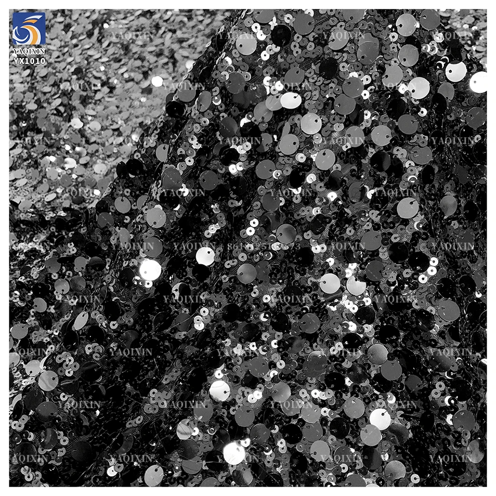 YX1010 140CM 300gsm 10MM+3MM Sequins Mesh Embroidery Fabric Metallic Shiny Sequins Fabrics Textiles for Stage Dresses - 图片 5