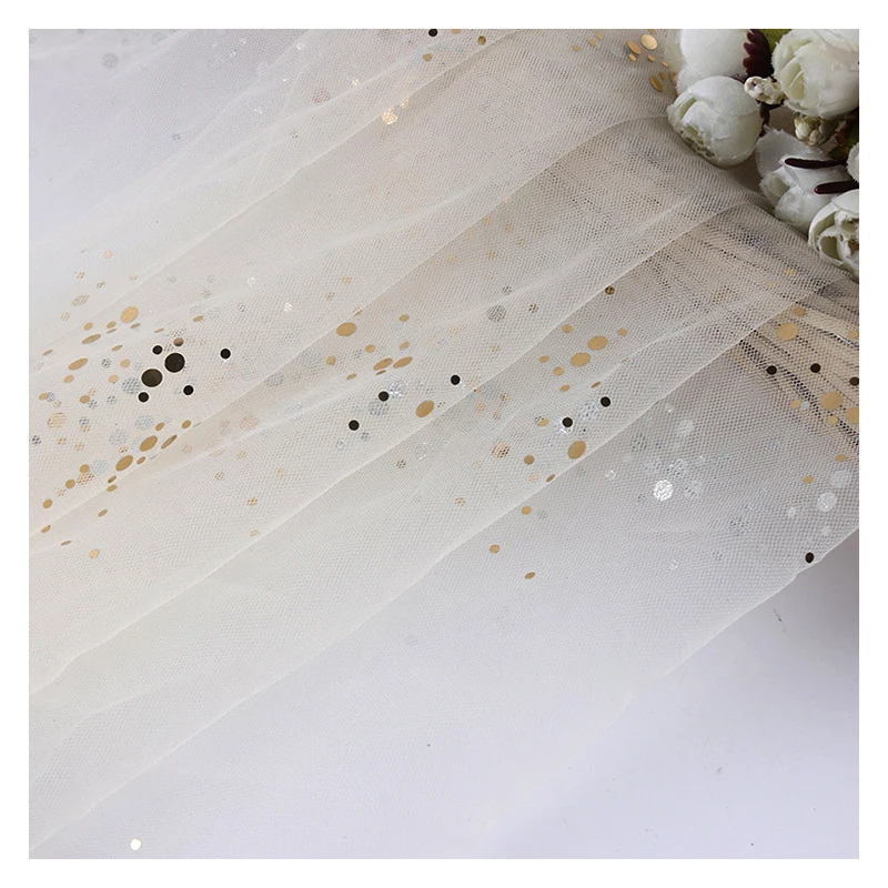CP11 Shiny Glitter Silver Foil Dots Print Tulle Silver Glitter Sequins Mesh Tulle Fabric for Weeding - 图片 3
