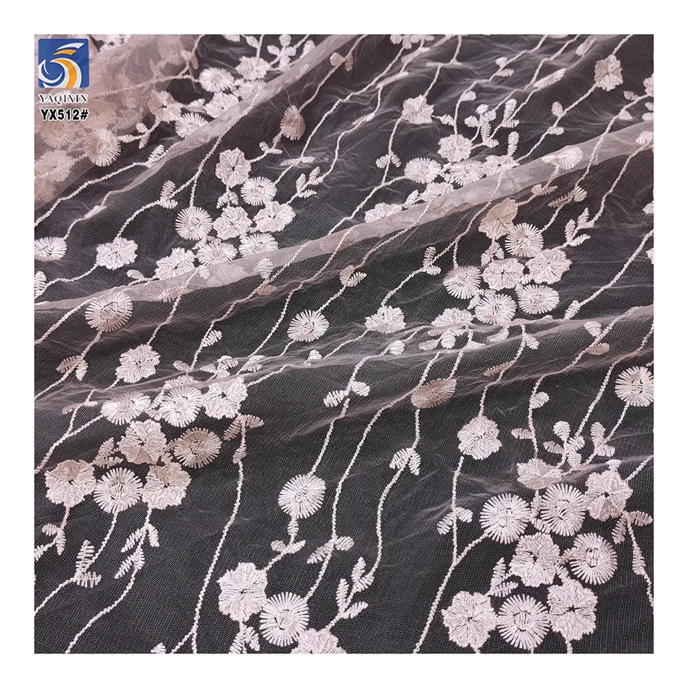 YX512 Support Customized Other Colors Light Pink Polyester Floral Tulle Fabric Embroidered for Dance Skirt