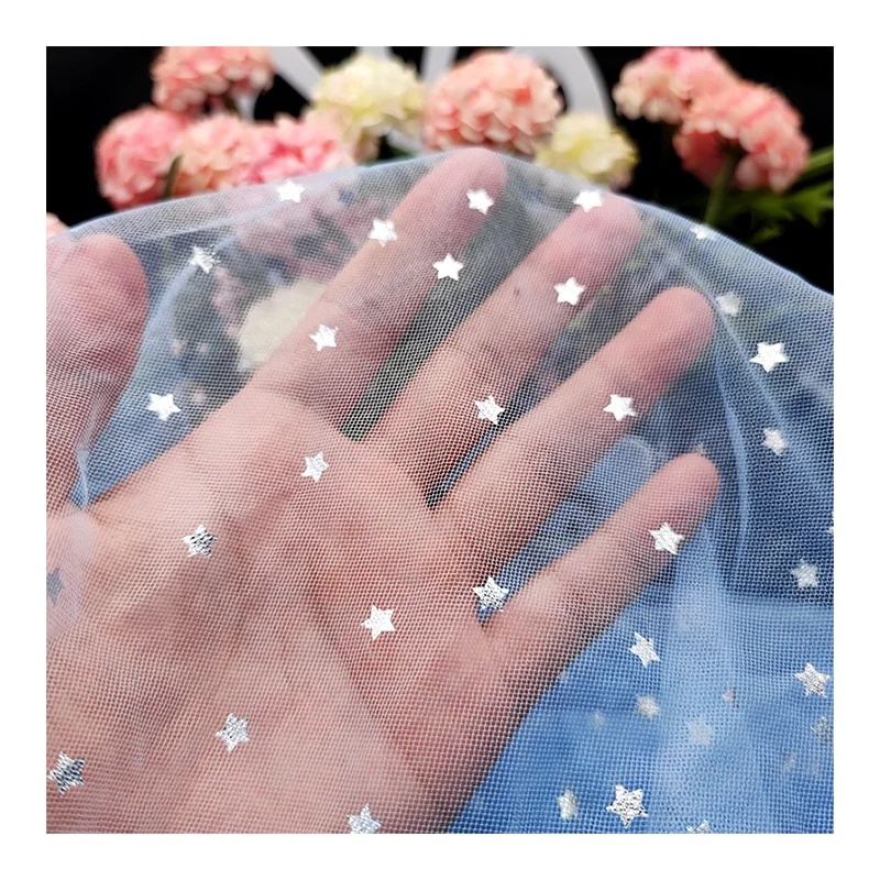 KT14 Sky Blue Soft Polyester Mesh Fabric Tulle with Silver Star Printing Tulle Netting Fabric for Girl's Dress