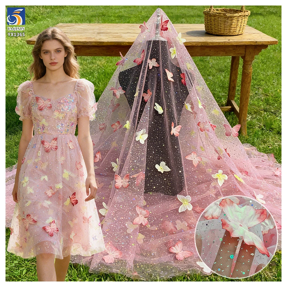 YX1365 New Glitter Tulle Fabric With 3D Diamonds Stones Butterfly Gradient Glitter Polyester Knitted 3D Butterfly Mesh Fabric