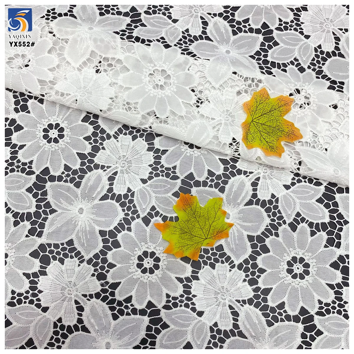 YX552 Custom All Over Laser Hollow Embroidered Milk Silk Lace Fabric 100% Polyester Florals White Embroidery Fabric