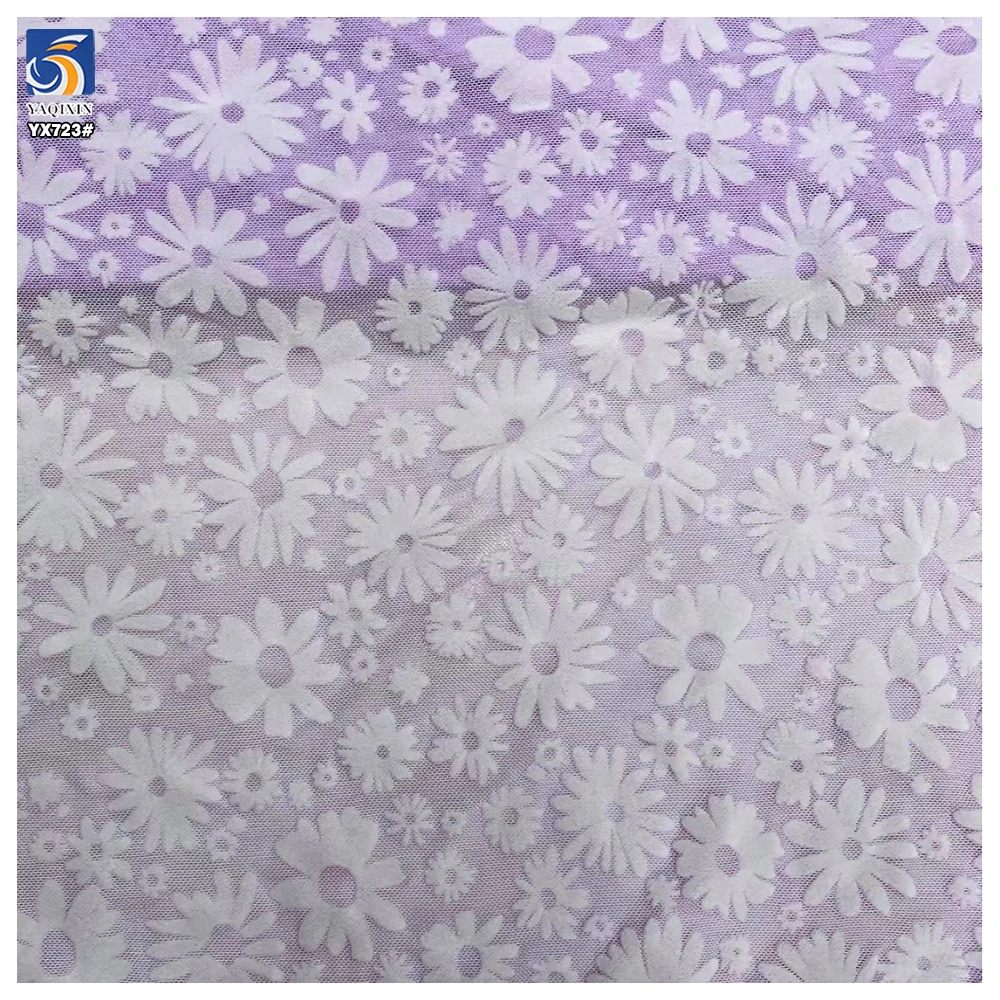 YX723 New Arrivals Elastic Mesh Flocking Fabric White Floral Design 92% Polyester 8% Spandex Stretch Flocked Mesh Fabric - 图片 5