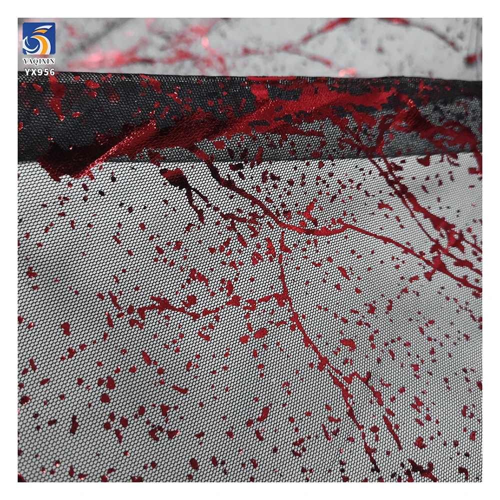 YX956 2026 New Arrivals 100% Polyester Spraying Red Ink Pattern Printing Black Tulle Mesh Fabrics for Holiday Event Dress - 图片 5