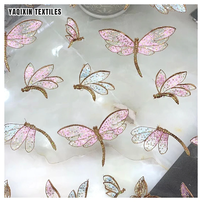 Beautiful Dragonfly Pattern Sequin Tulle Embroidery Fabric Dress 100% Polyester Mesh Sequins French Lace Fabric - 图片 5