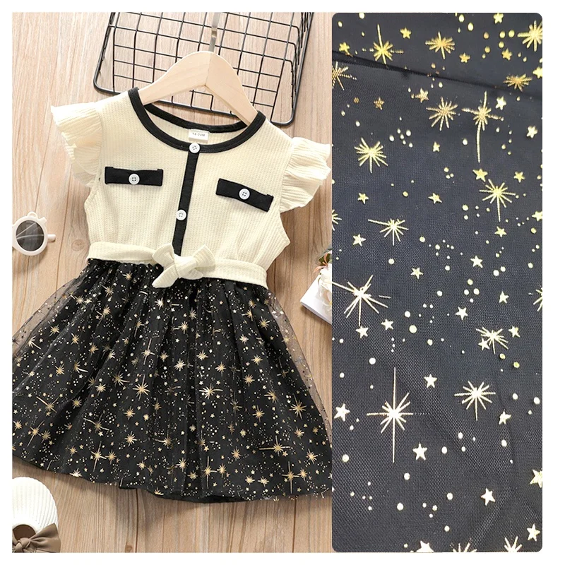 DX126 Manufacturers Direct Flash Tulle With Gold Foil Star Dots Design Polyester Mesh Fabric