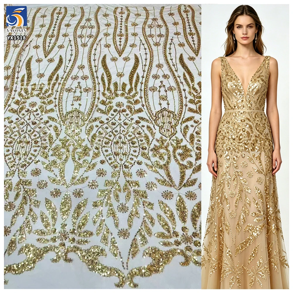 YX1518 140cm 300gsm China Factory Supplier Gold Pattern Sequin Beaded Mesh Lace Fabric for Bridal Gown
