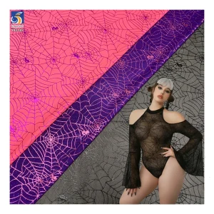 YX2282 Purple 4 Way Stretch Spandex Nylon Power Net Mesh Fabric Printed Glitter Spider Web Mesh Halloween Clothing Fabric