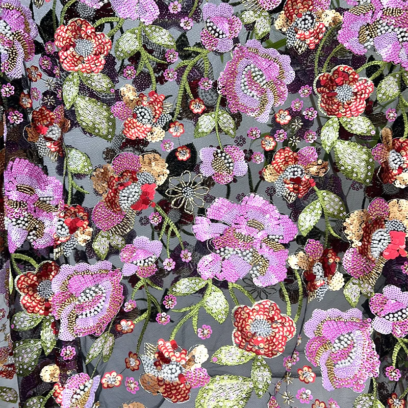YX1150 Expensive Style Colorful Florals Beads Embroidery Tulle Fabric With Sequins Tulle Fashion Dress Fabrics for Women - 图片 3