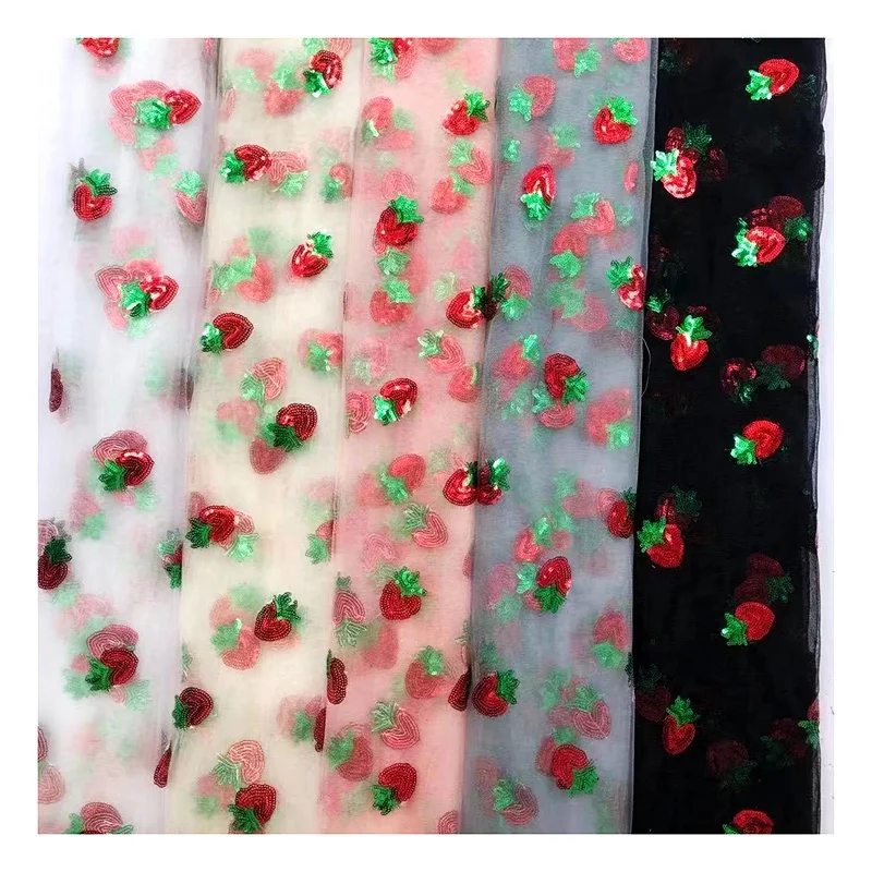 Lovely Strawberry Embroidery Tulle Fabric Sequin Tulle Strawberry Sequin Embroidered Mesh Fabric - 图片 5