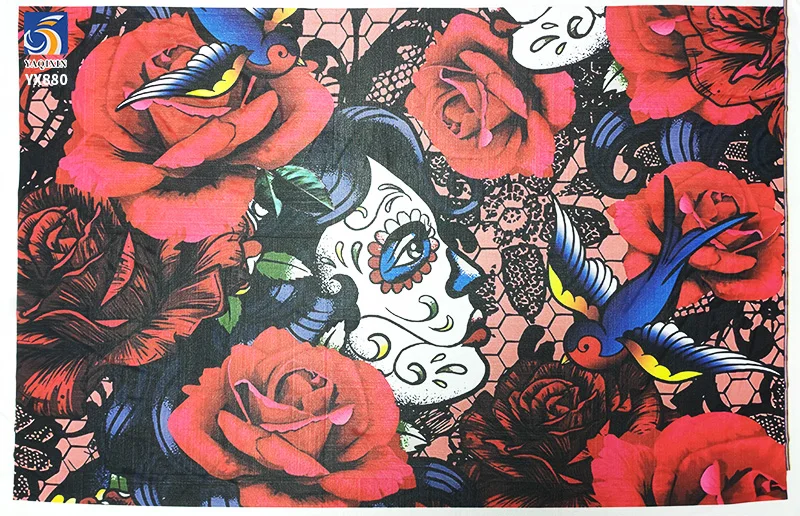 YX880 Quirky Custom Poly Digital Printed Holiday Fabric Rose Flower Clown Halloween Fantastic Style Printed Tulle Mesh Fabric - 图片 3
