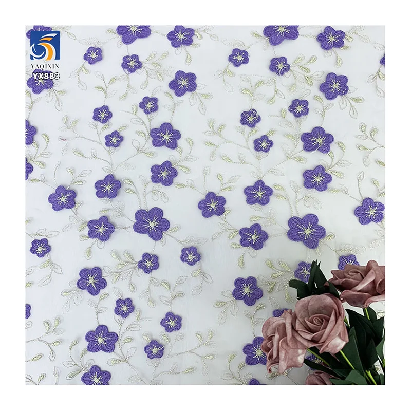 YX883 DIY Custom Plant Flowers Tulle Fabric Polyester Mesh Lavender Purple Embroidered Tulle Fabric With Small Florals - 图片 3