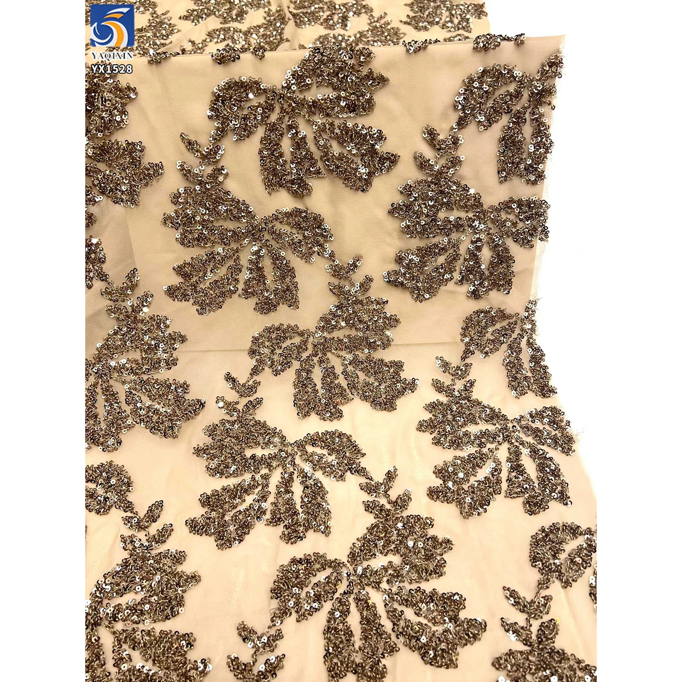 YX1528 Wholesale Shiny Floral Sequin Embroidery Chiffon Fabric for Evening Dress - 图片 5