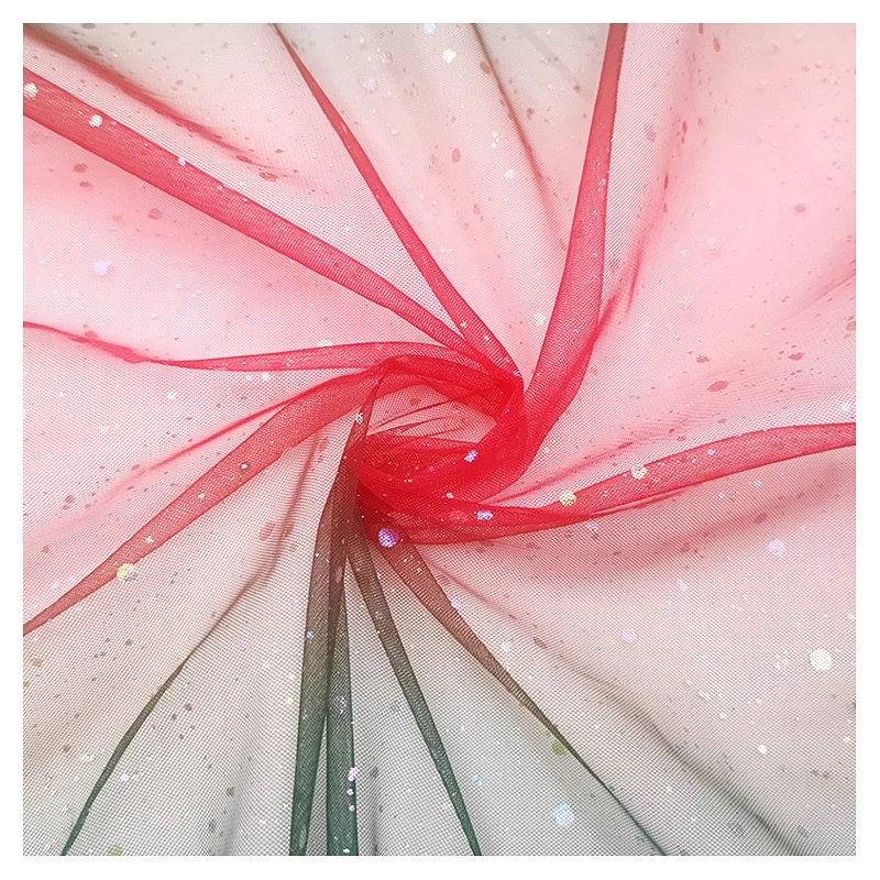 YX2003 2025 Fancy 100% Polyester Christmas Digital Print Tulle Evening Dress Fabric Rainbow Red Green Glitter Mesh Fabric - 图片 6