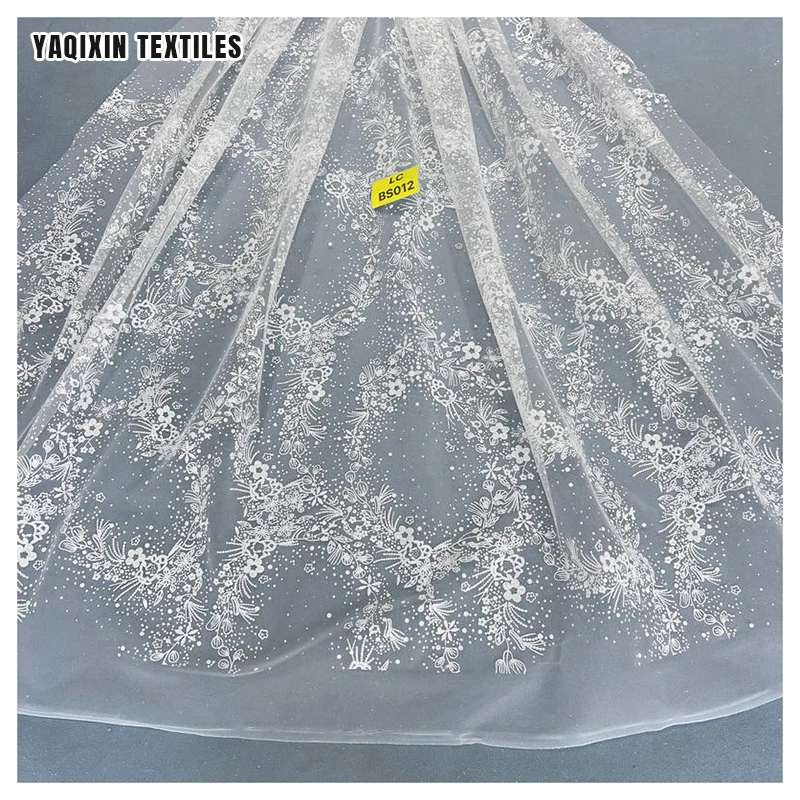 Guangzhou Manufacturer Design Custom Luxurious Pure White Wedding Laces Fabrics Polyester Tulle Bridal Glitter Lace Fabric - 图片 3
