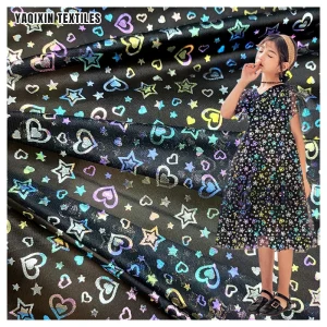 Fluorescent Hot Film 2026 New Arrival Pattern Heart Star Print Fabric Black Soft Polyester Tulle Fabric Roll 50 Yards Moq