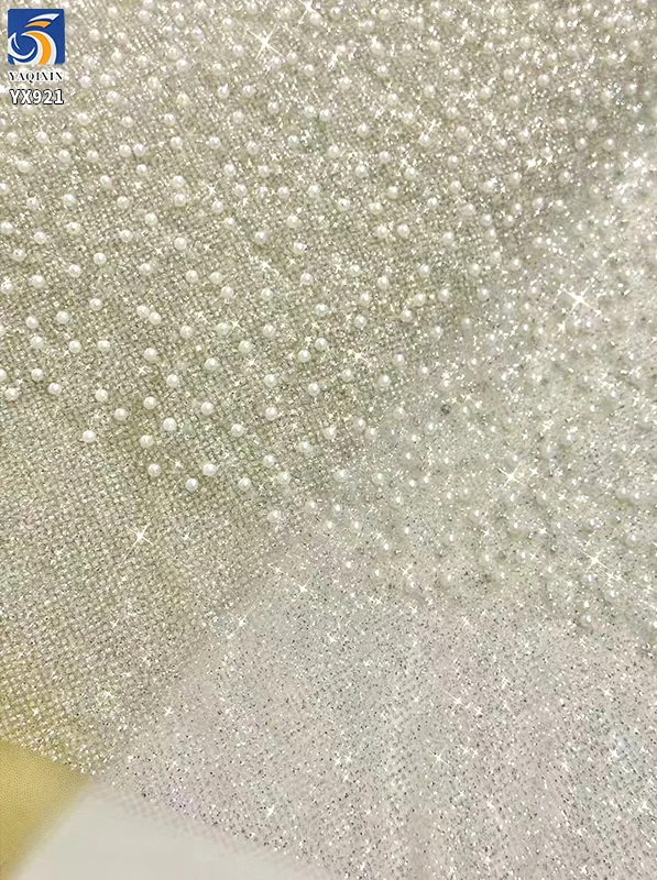 YX921 2026 High-end Heavyweight Beige Glitter Tulle Fabric With Beads Knitted 3D Pearls Mesh Bridal Wedding Dress Fabric - 图片 3