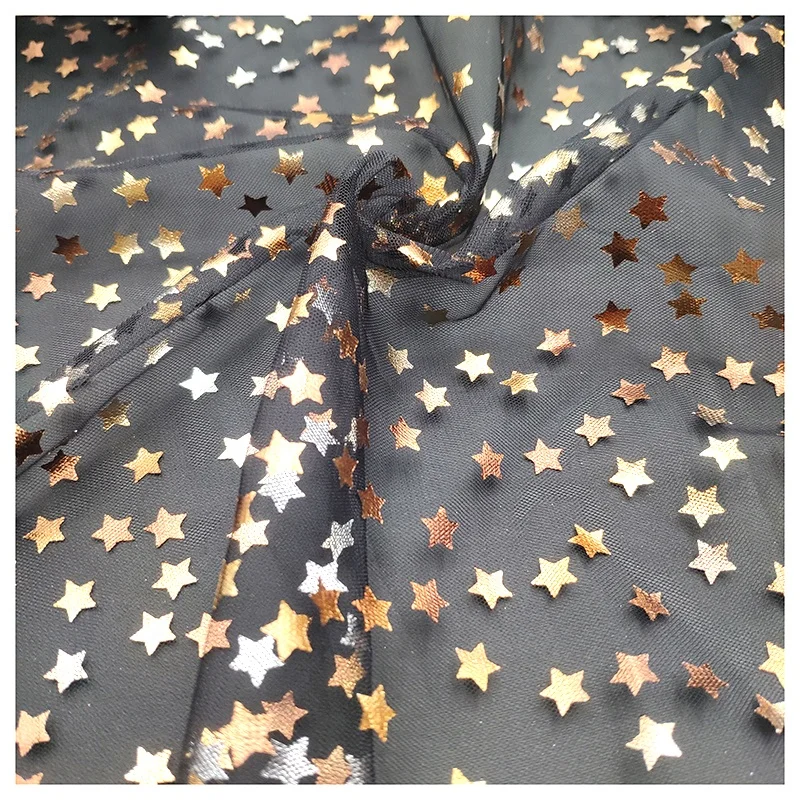 Golden Five-Pointed Star Pattern Bronzing Film Foil Tulle Mesh Fabric - 图片 5