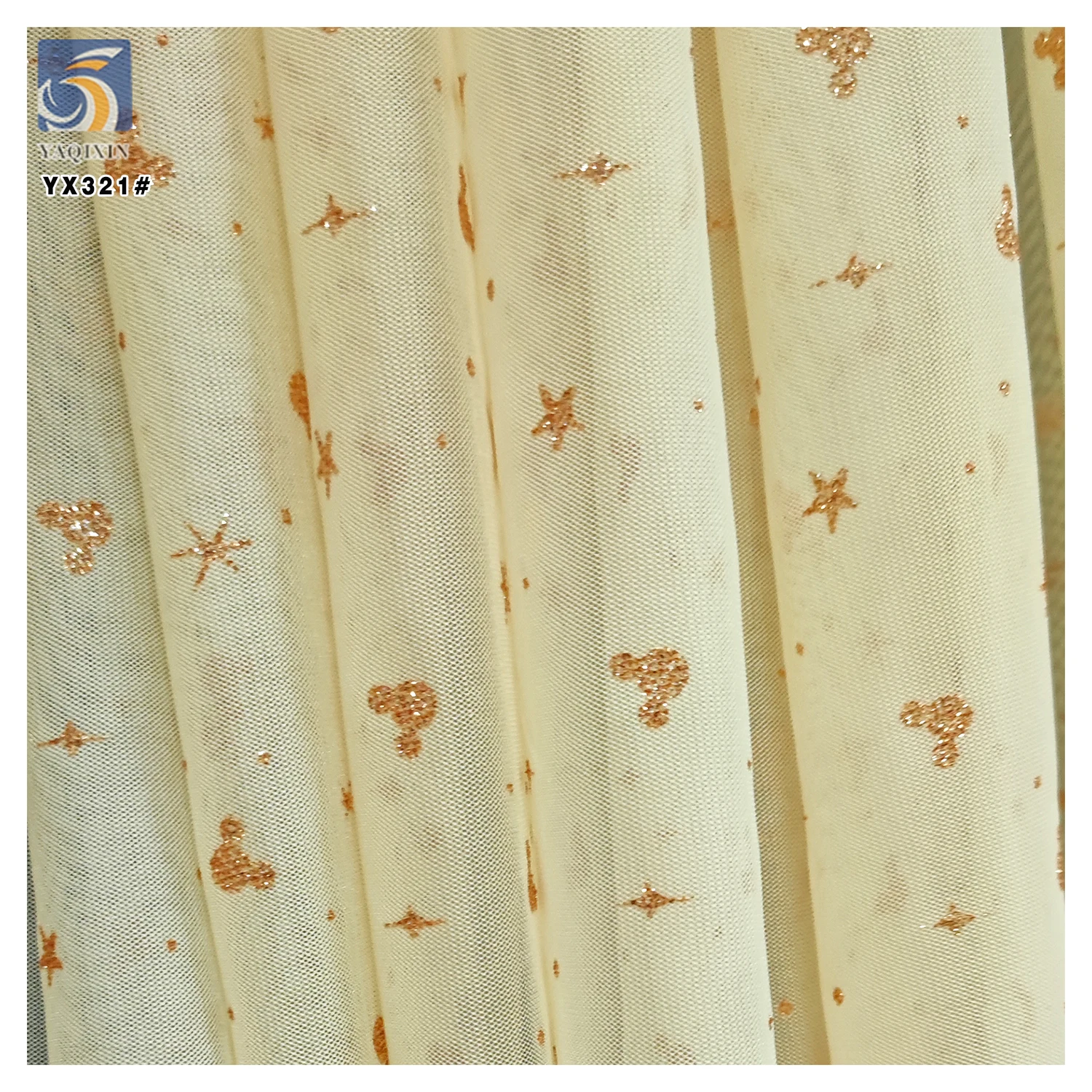 YX321 Latest Design 100% Polyester Glossy Tulle with Glitter Dust and Mickey Star Pattern Mesh Tulle Fabric - 图片 5