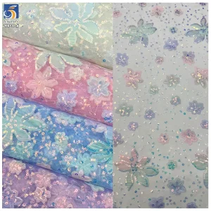 YX646 2025 New Fashion Ombre Mesh Fabric 3D Embroidery Gradient Flower Sequins Tulle Fabric for Girls Dresses