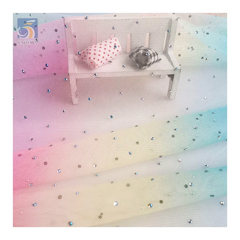 YX2691 Ready Stock Multi-Color Rainbow Digital Printing Ombre Rhinestone Tulle Fabric Mesh With 3D Beads - 图片 6