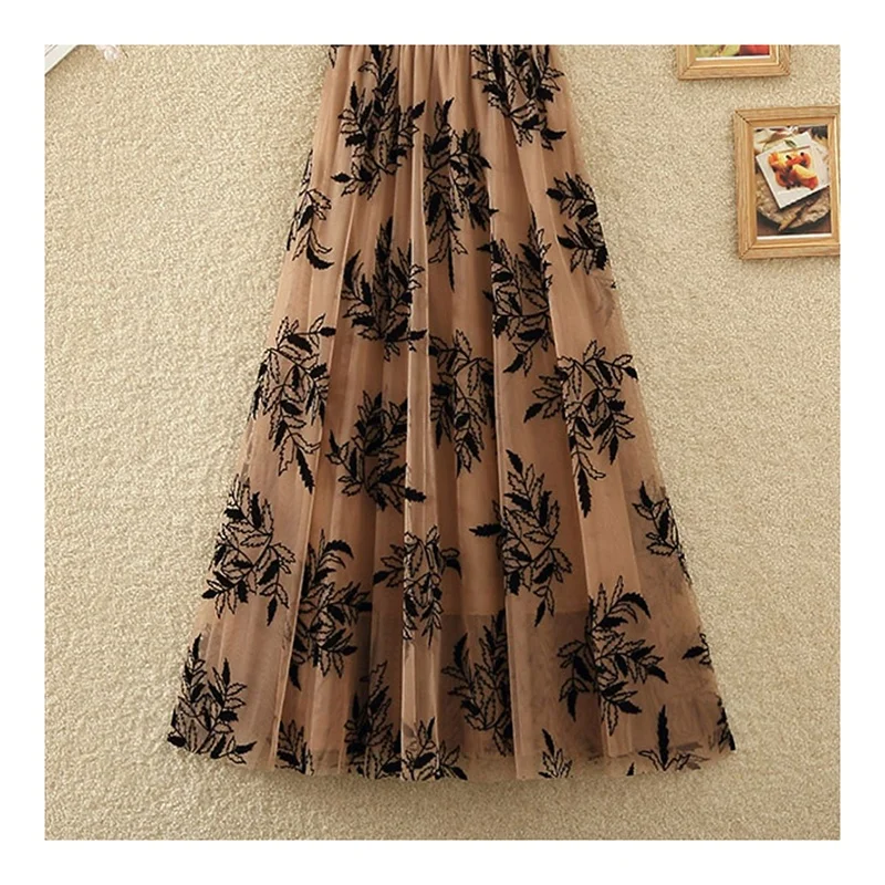 Fashion Design Soft Sheer Crepe Printed Pleated Tulle Fabric Leaf Pattern Flocking With Mesh Woven for Weddings Curtains Girls - 图片 5