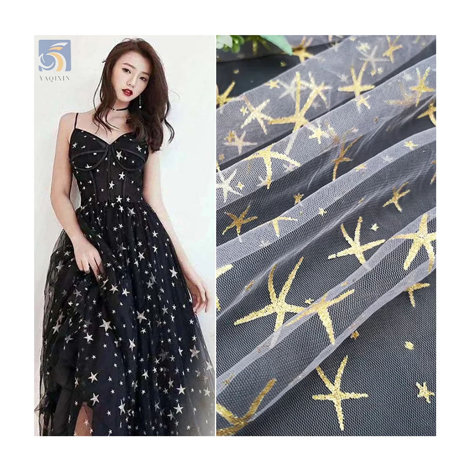 SG26 Customize Polyester Mesh Tulle Lace Fabric with Glitter Golden Star Tulle Baby Tutu Dress Lace Fabric