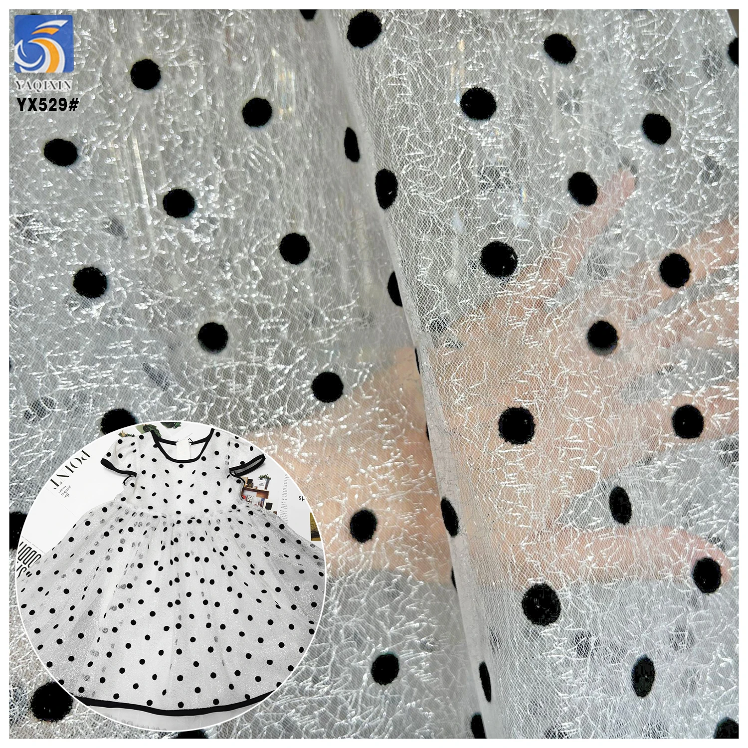 YX529 China 2025 New Technology Fabric Polyester Black Flocking Mesh Fabric 1cm Polka Dot Fabric for Dresses