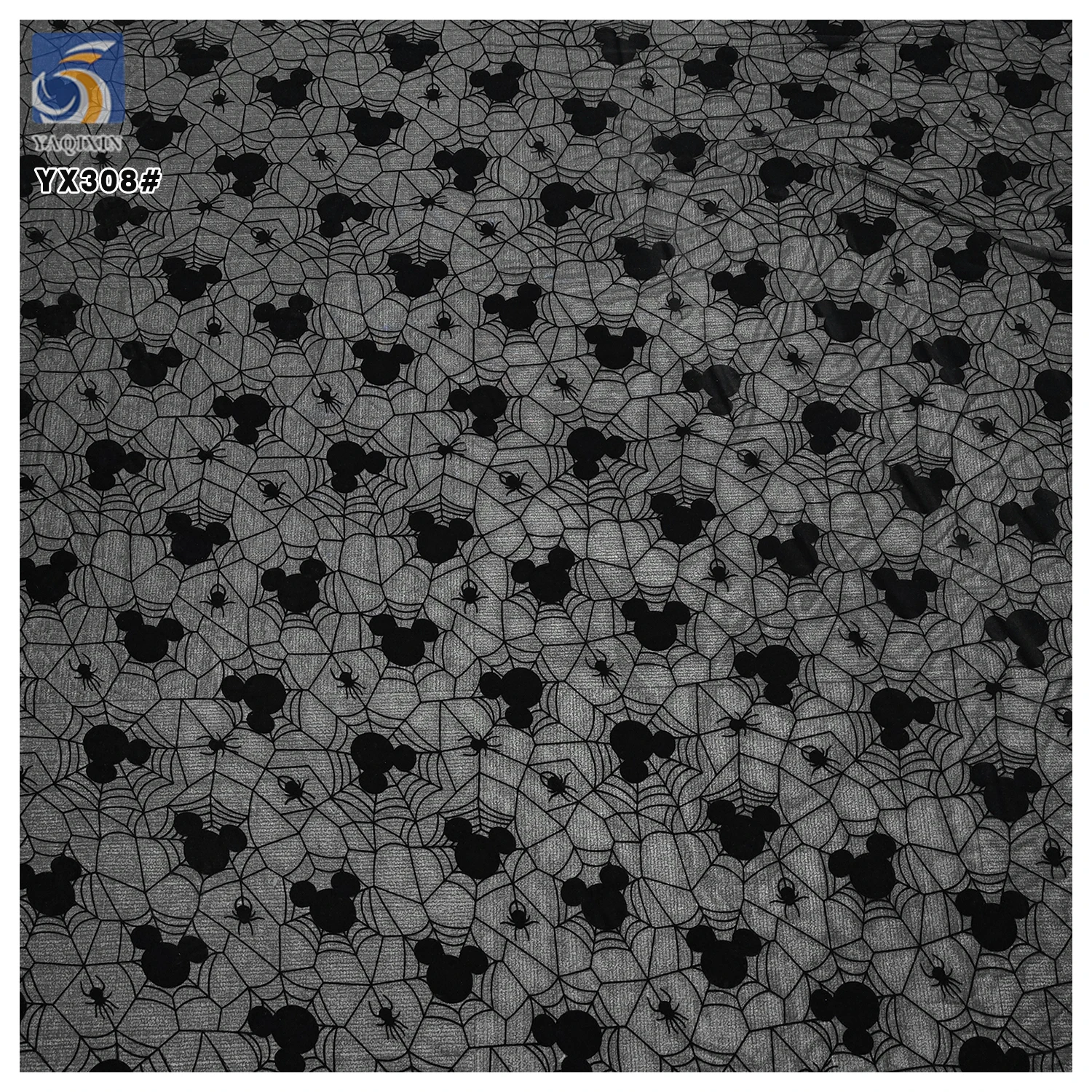 YX308 2025 Cartoon American Spider Web Mouse Pattern Tulle Fabric Soft Flocked Stretch Mesh Pure Black Fabric - 图片 3