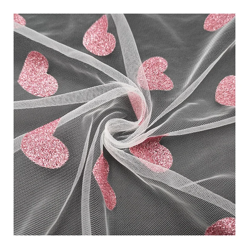 Sweet Pink Love Heart Pattern Glitter Print Tulle Fabric Lace Girl Casual Dress Fabric - 图片 3