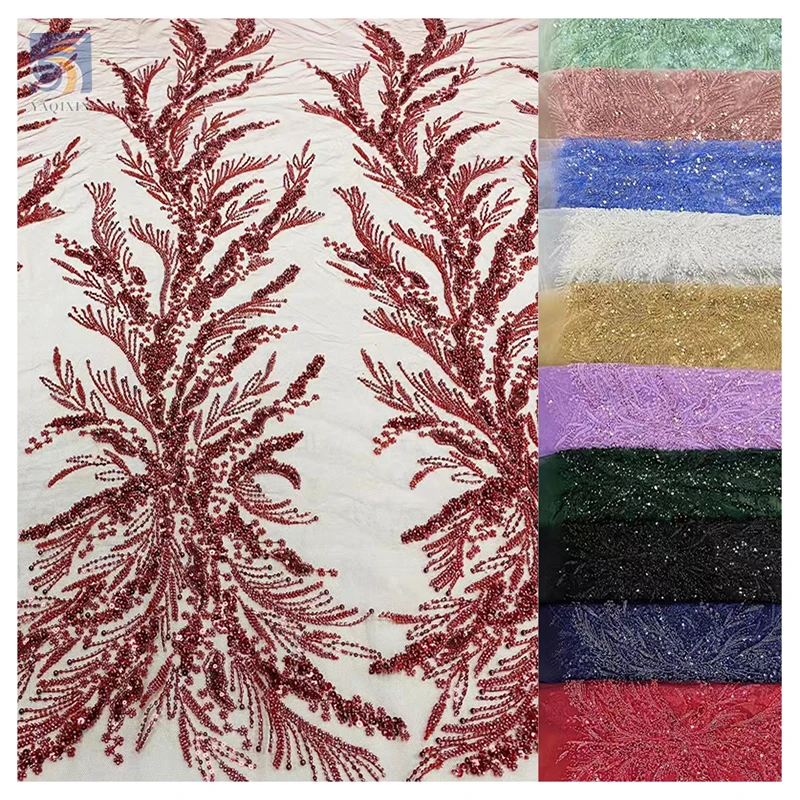 100% Polyester African Fabric for Wedding Dresses Embroidered Lace Mesh With Sequin Bead Tube Sequin Bead Wedding Dress Fabric - 图片 6