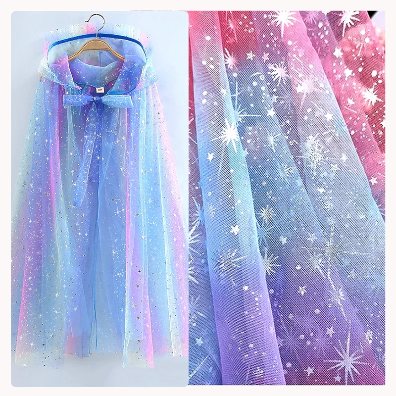 S28 Sparkle Gradient Galaxy Design Tulle Lace Fabric With Print Silver Star Overlay Rainbow Tulle for Party Dress - 图片 3