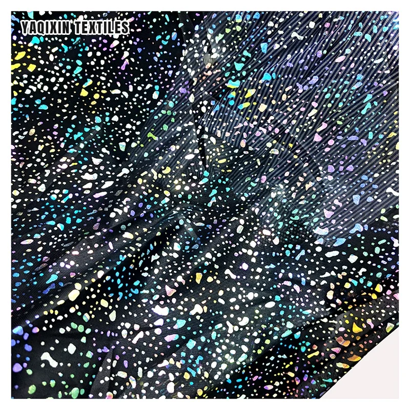 YX2234 New Fluorescent Effect Black Soft Polyester Colorful Glitter Mesh Tulle Fabric Knit Reflective Luminous Mesh Fabric - 图片 6