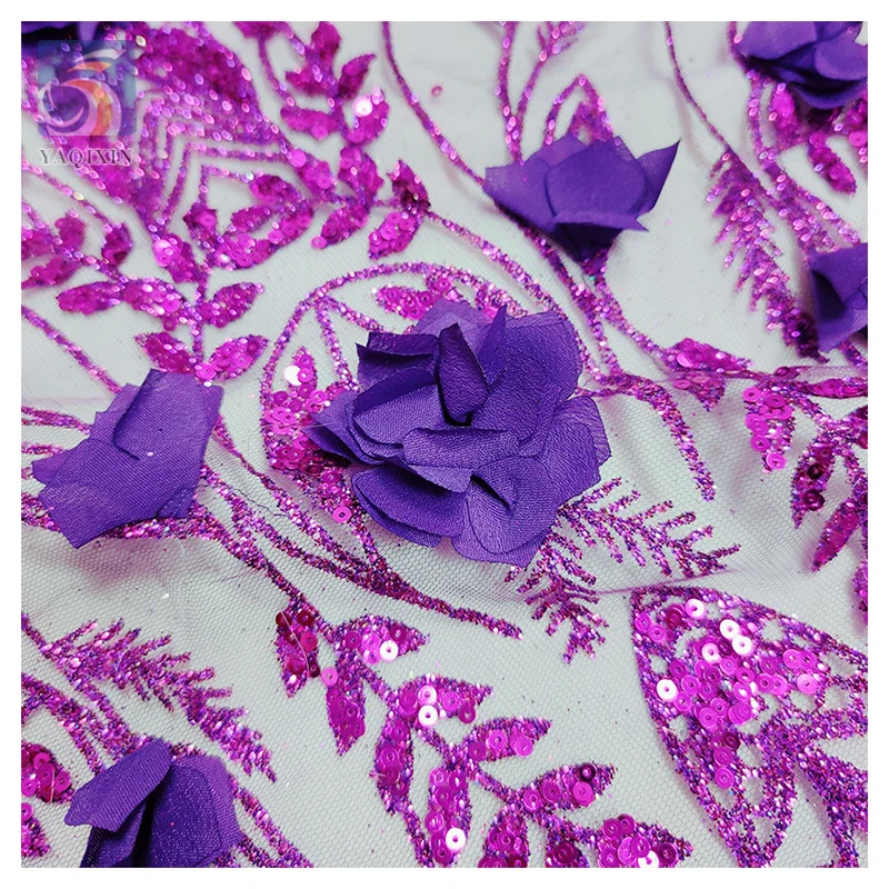 Direct Sales Wholesale Price 3D Flower Lace Fabric Bridal Nigerian African Purple Crystal Glitter Lace Sequins Fabric Mesh - 图片 5