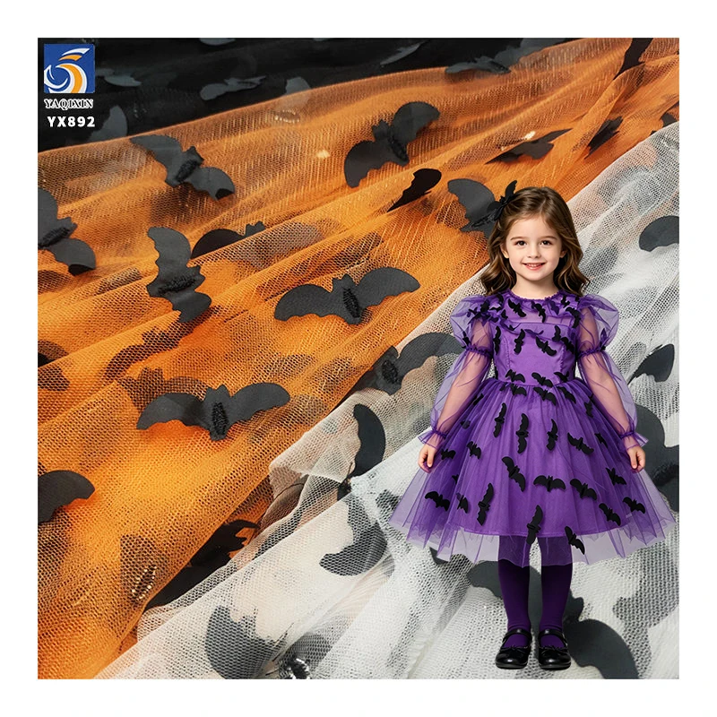 YX892-1 Holidays Tulle Purple/Orange Embroidered Halloween Bat Mesh Tulle Fabric for Girls Skirt Decoration