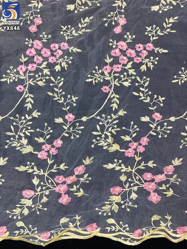 YX695 Ready-To-Stock Wholesale Embroidery Mesh 100% Polyester Pink Florals Embroidery Tulle Fabric for Girls Skirt Making - 图片 5