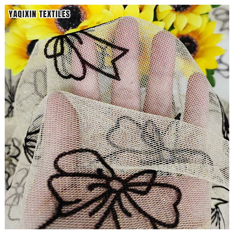 By Yards Custom Bow Flocking Polyester Tulle Mesh Fabric with Glitter Tulle Girl Babay Dress Clothing Fabric Textile - 图片 6