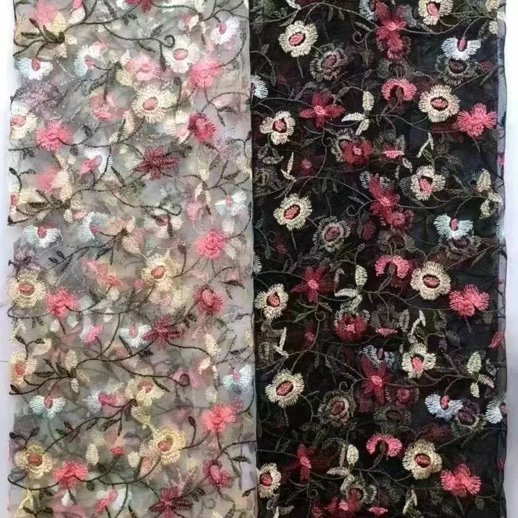 YX505 New Design Pink White Floral Polyester Mesh Colorful Embroidery Tulle Fabric - 图片 3