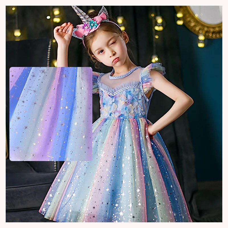 S28 Sparkle Gradient Galaxy Design Tulle Lace Fabric With Print Silver Star Overlay Rainbow Tulle for Party Dress - 图片 6