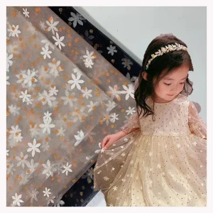 Summer Custom Lovely White Six-Petal Floral Printing Mesh Tulle Baby Dress Fabric Gold Dot Glitter Tulle