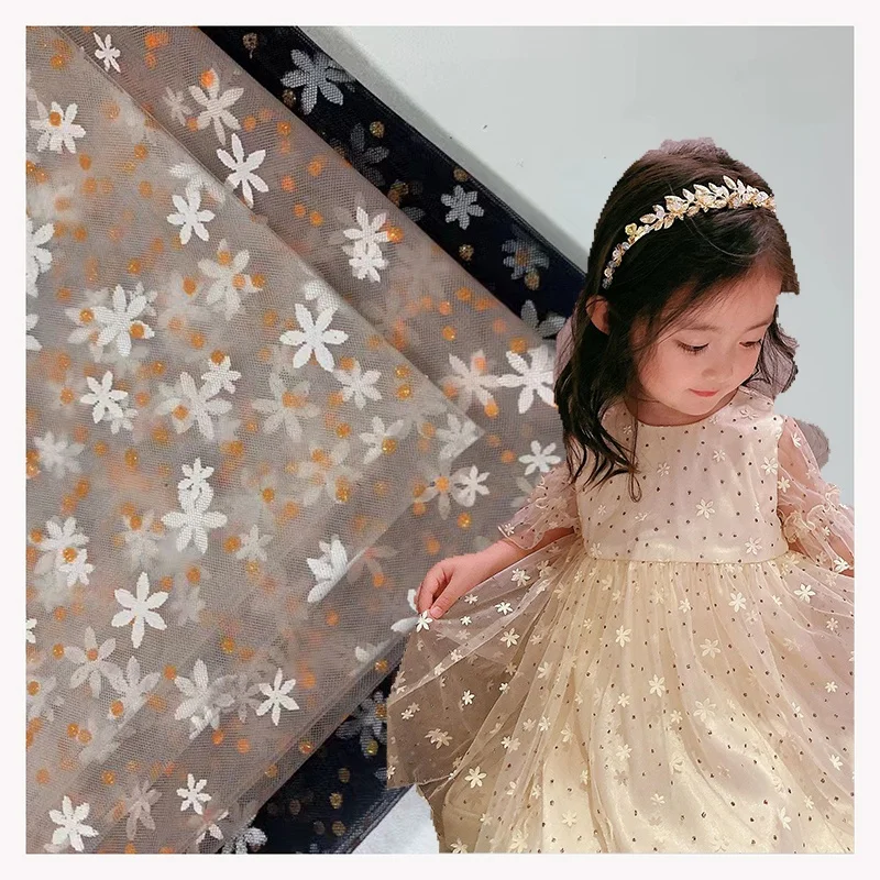 Summer Custom Lovely White Six-Petal Floral Printing Mesh Tulle Baby Dress Fabric Gold Dot Glitter Tulle